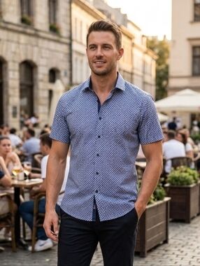 Soul of London Men’s Blue Microfiber Geometric Button-Down Shirt Size M
